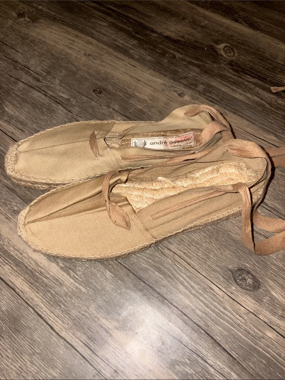 Andre Assous Tan Canvas Espadrille Lace-Up Flats size 9 made in France